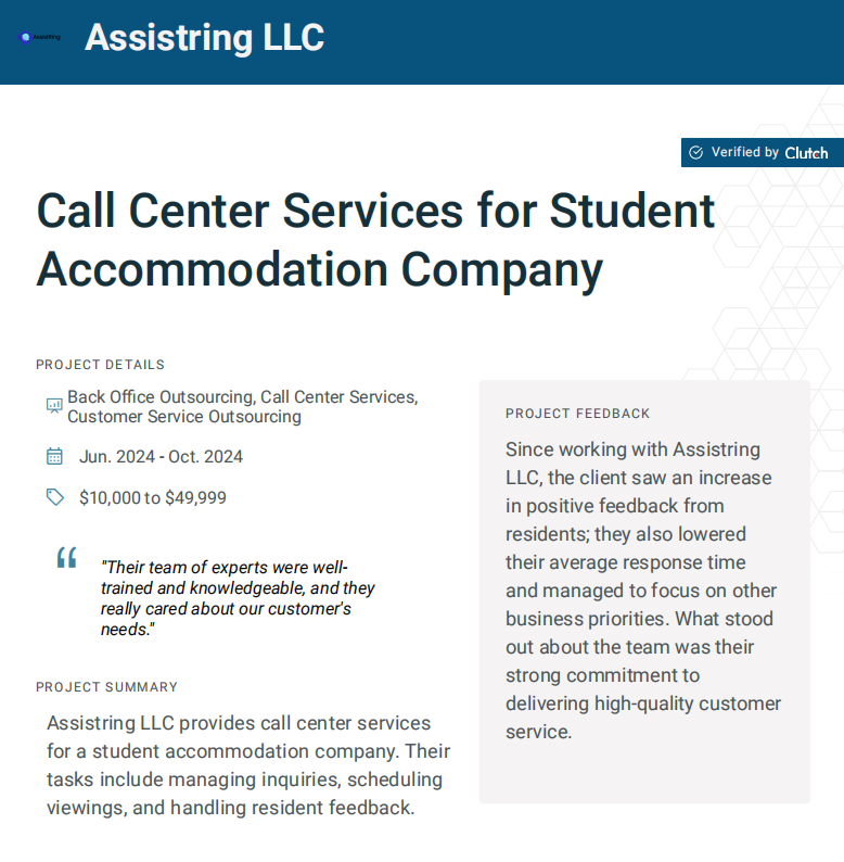 Assistring LLC Clutch review for student accommodation company highlighting scheduling viewings and improved resident feedback.