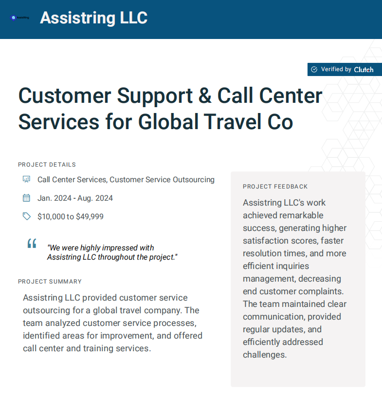 AssistRing LLC Clutch review for a global travel company's customer support, showing faster resolution times and improved satisfaction scores.