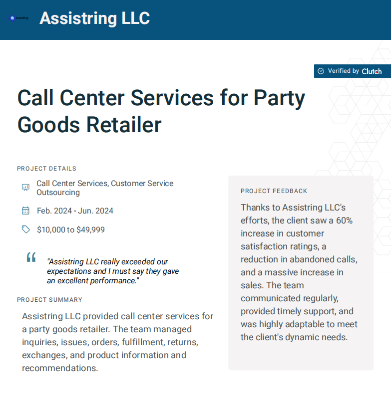 AssistRing LLC Clutch review for party goods retailer showing a 60 percent increase in customer satisfaction and increased sales.