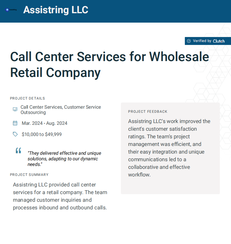 AssistRing LLC Clutch review for wholesale retail call center services highlighting inbound and outbound call management and improved CSAT.