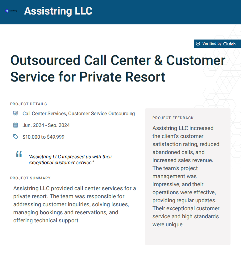 AssistRing LLC Clutch review for private resort call center services showing increased sales revenue and reduced abandoned calls.
