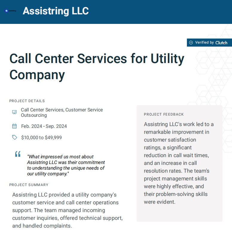 AssistRing LLC Clutch review for utility company call center services showing improvements in wait times and resolution rates.