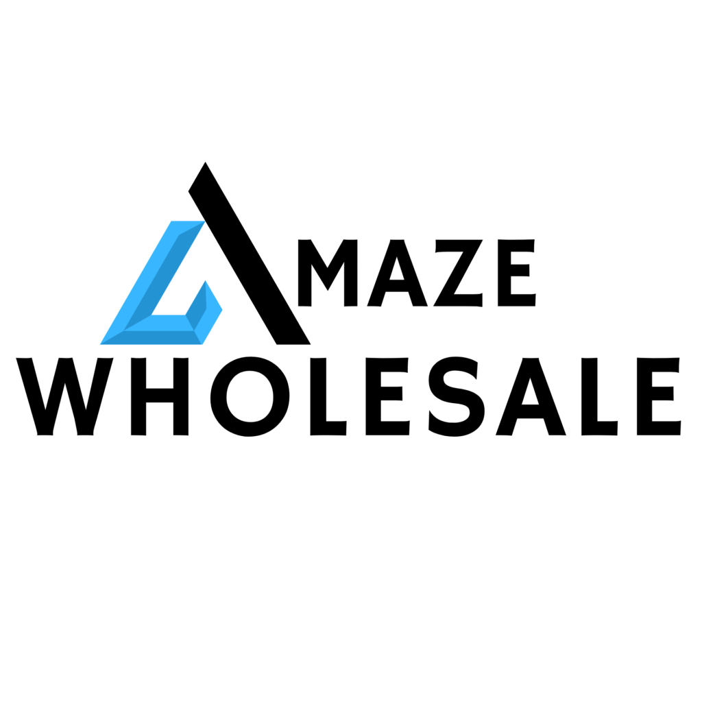 Amaze Wholesale logo - Features a blue and black intertwined pyramid icon next to the brand name for a beauty products wholesale distributor.
