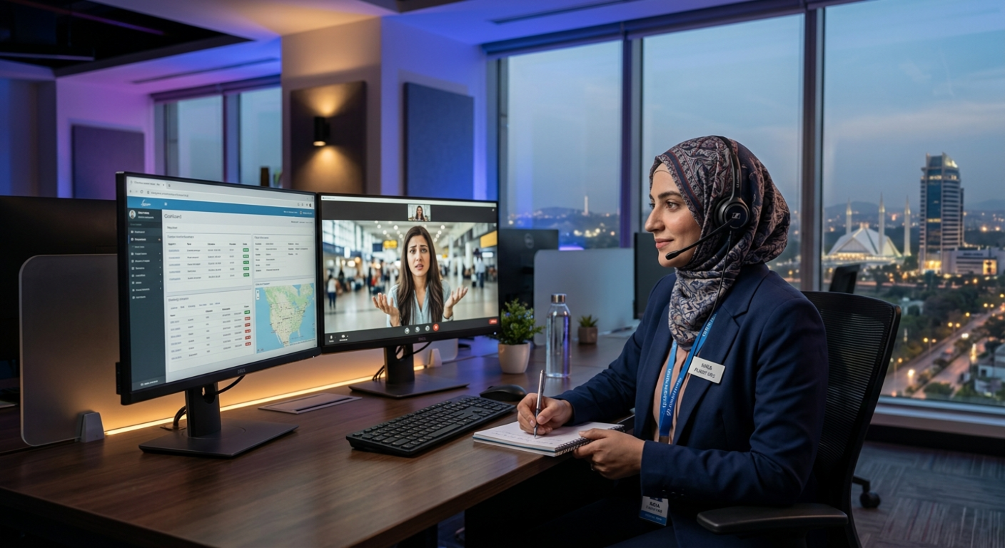 A female representative providing flight delay customer support via video call in a professional office setting.