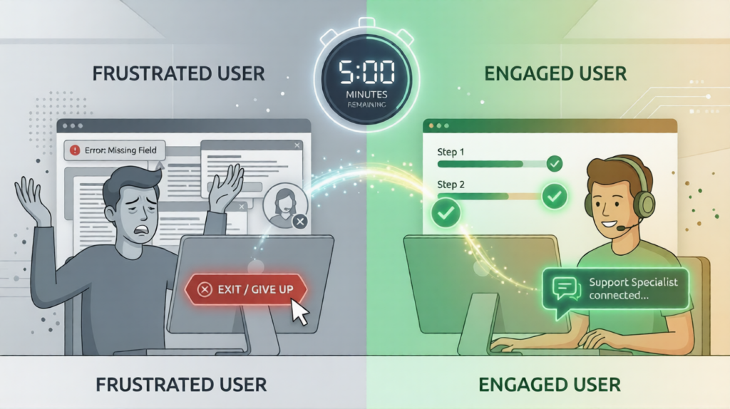 A split-screen digital illustration showing a frustrated user exiting a confusing SaaS interface versus an engaged user successfully completing onboarding steps with real-time support.