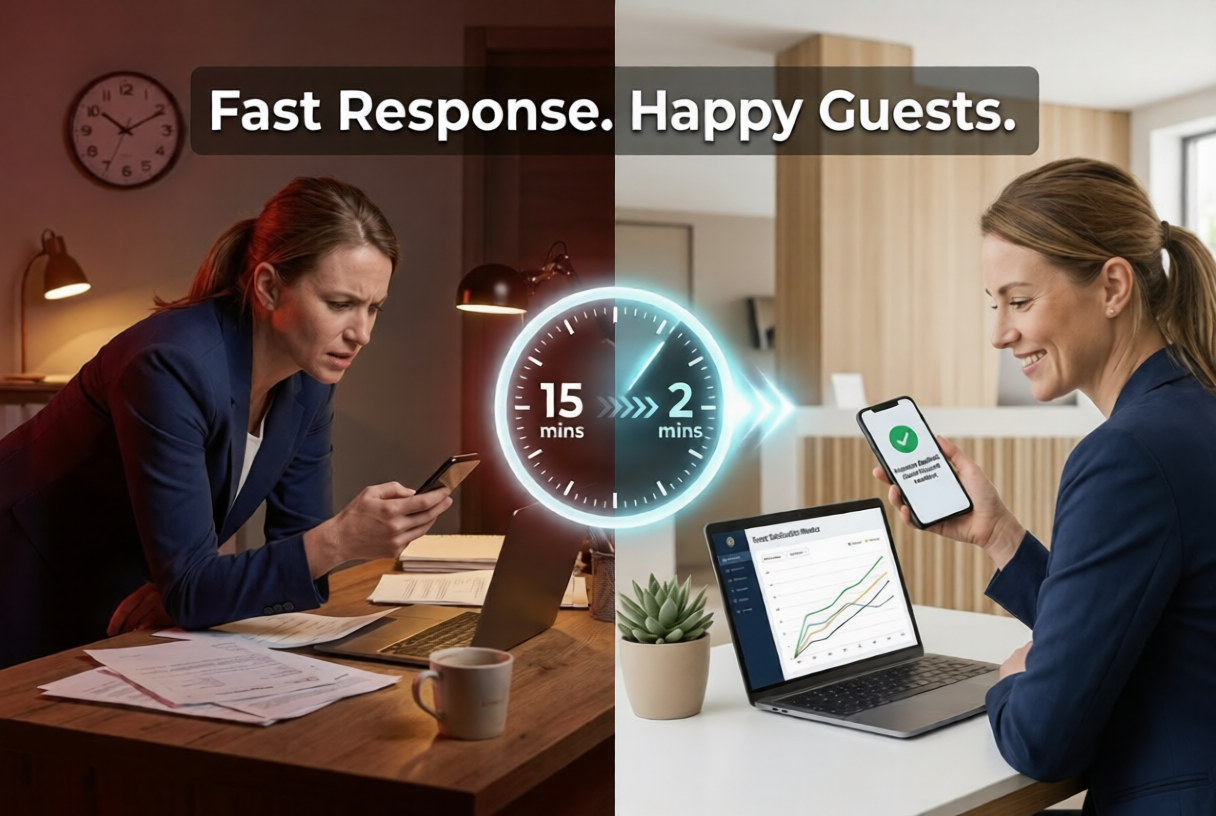 A split-screen comparison illustrating how faster **hotel response time** impacts efficiency. On the left, a stressed hotel manager in a dark office. On the right, the same manager smiling in a bright office with a laptop, highlighting the transition from 15 minutes to 2 minutes response time.