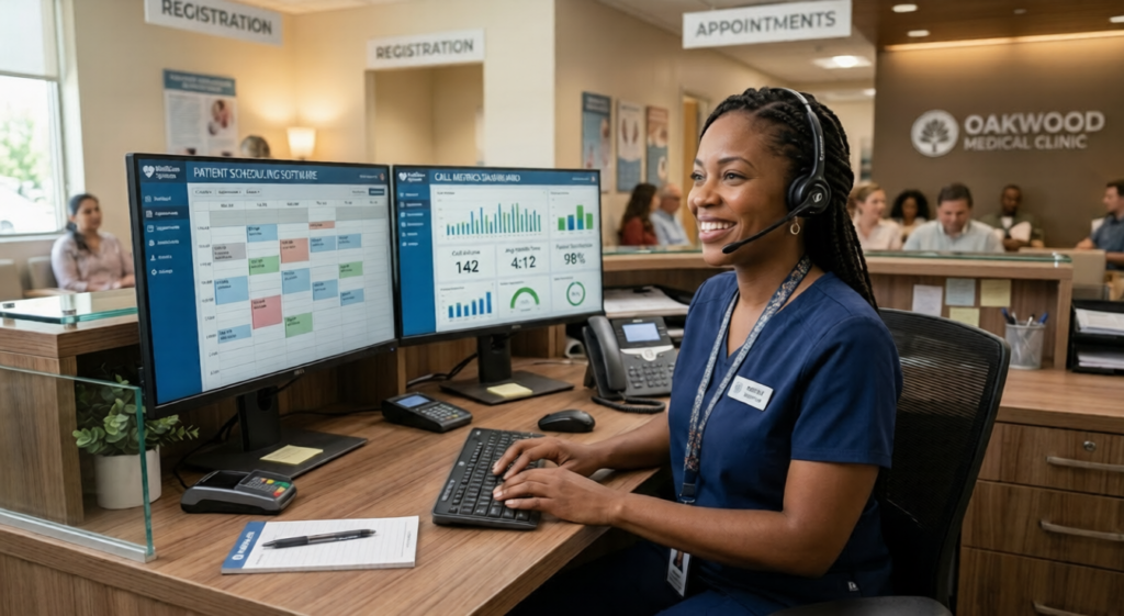 A professional female healthcare receptionist wearing a headset and smiling at a modern desk. Dual monitors display patient scheduling software and a call metrics dashboard highlighting healthcare patient response times in a warm, professional clinic environment.