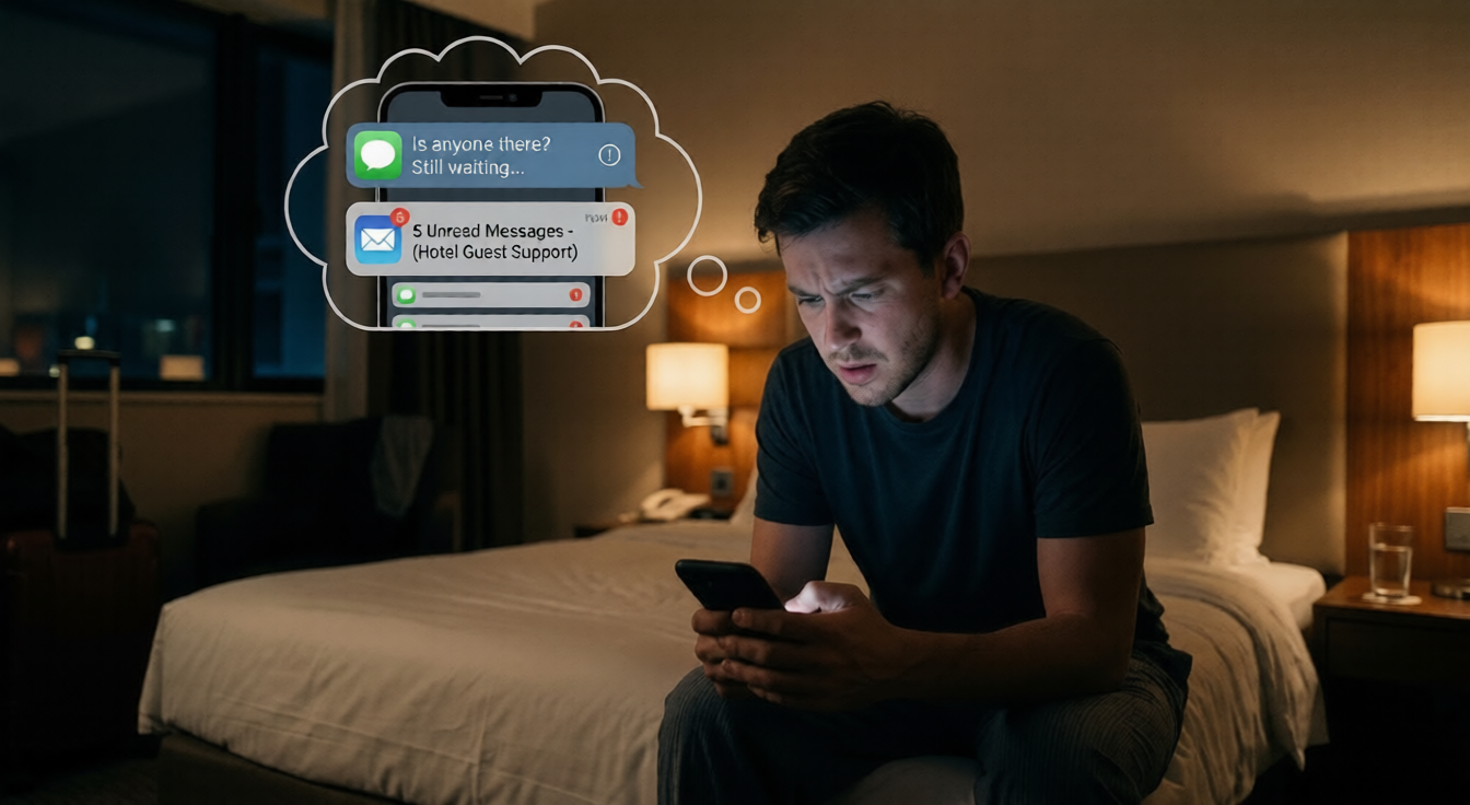 Frustrated hotel guest checking their phone for Slow Hotel Customer Response