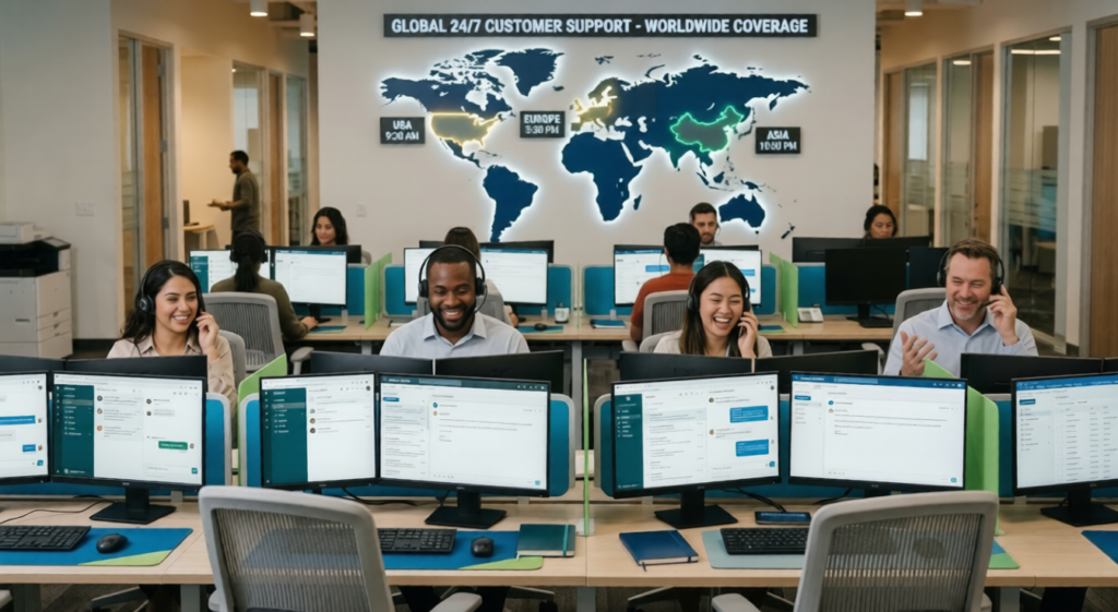A diverse team of professional customer service agents at a modern desk setup with multiple monitors and a global map, representing the ability to scale ecommerce customer support.