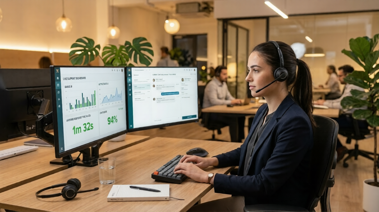 A professional customer support agent at a minimalist desk using dual monitors to track live ecommerce metrics, response times, and CSAT scores to scale customer support.