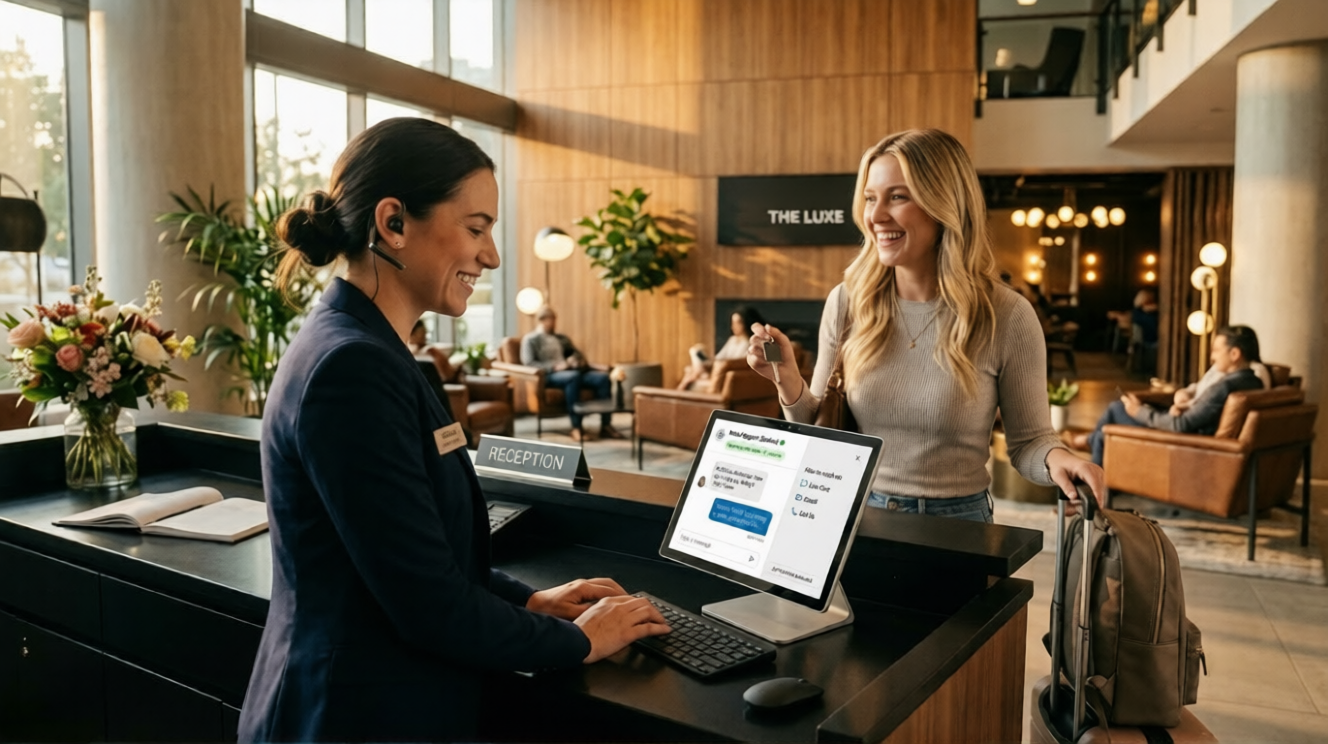 A professional female receptionist smiles at a satisfied guest in a sunlit, modern hotel lobby. A tablet on the counter displays a 24/7 chat interface with a 1-minute response time indicator, illustrating how hotels scale customer support using multi-channel messaging.
