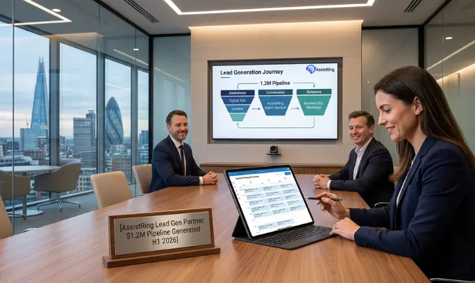 B2B lead generation results presentation for a corporate client. Professional business meeting in a London office overlooking the city skyline, showing a tablet with AssistRing’s lead journey funnel. A plaque on the desk displays '$1.2M Pipeline Generated H1 2026,' proving the ROI of AssistRing's AI-powered, human-verified outreach strategy