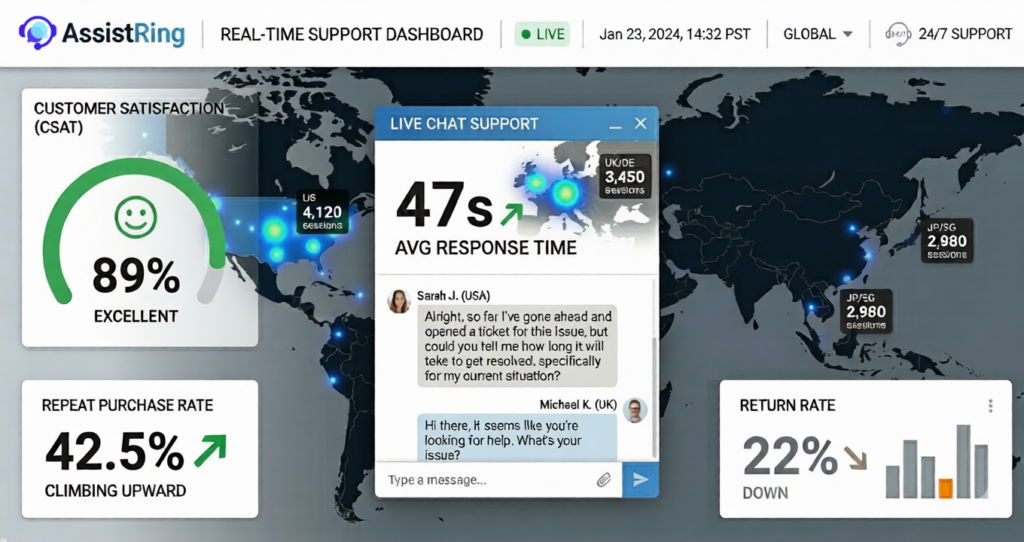 A clean, modern ecommerce customer support dashboard for AssistRing. The interface features a central live chat window showing a 47s response time over a global heat map of the US, Europe, and Asia. Side panels display an 89% customer satisfaction gauge, a 22% return rate, and a rising repeat purchase rate in a blue and green color scheme.