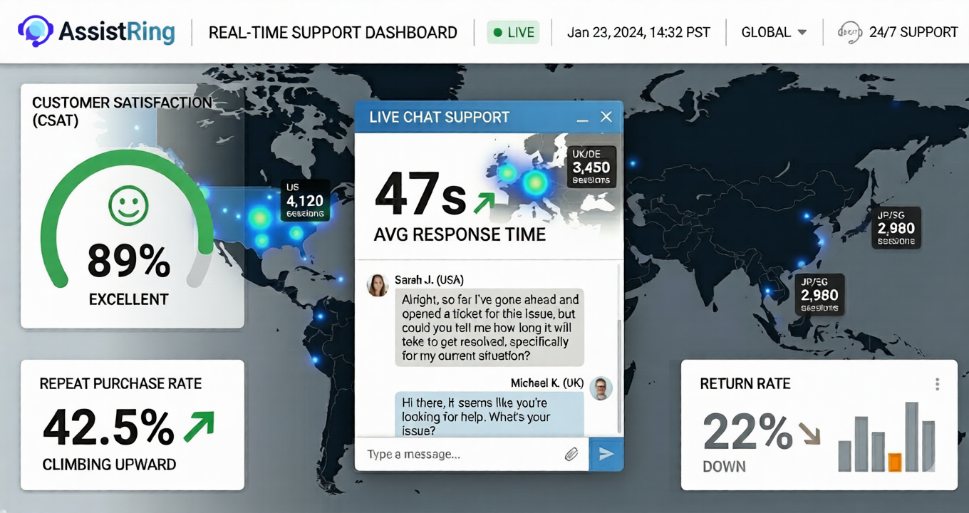 A clean, modern ecommerce customer support dashboard for AssistRing. The interface features a central live chat window showing a 47s response time over a global heat map of the US, Europe, and Asia. Side panels display an 89% customer satisfaction gauge, a 22% return rate, and a rising repeat purchase rate in a blue and green color scheme.