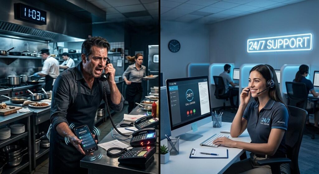 A split-screen showing an angry chef in a chaotic kitchen at 11:03 PM versus a calm 24/7 support agent, illustrating how to solve restaurant customer service slow response in 2026