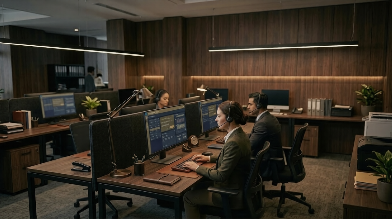 A diverse team of professional customer support specialists in a modern office, wearing headsets and working at multiple computer stations, with a focus on a complex data screen representing SaaS support metrics.