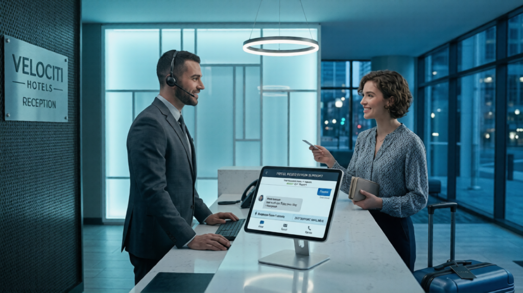 A male hotel receptionist with a headset using a POS terminal and typing while a female guest smiles and holds her credit card at a modern, blue-lit Velociti Hotels reception desk. The screen displays 'Hotel Reservation Support' options, including chat, email, and phone.