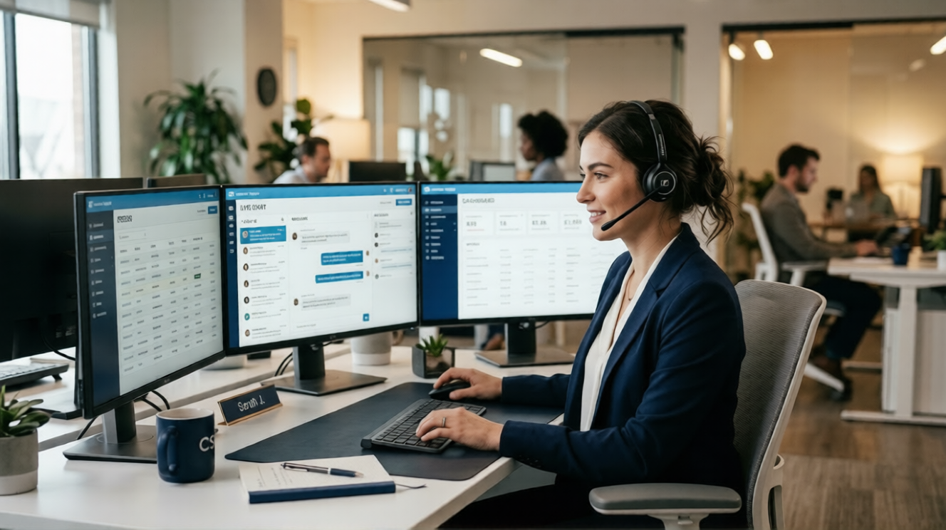 A professional e-commerce customer support agent, wearing a headset, works diligently at a modern desk in a well-lit office, managing customer interactions across multiple monitors.