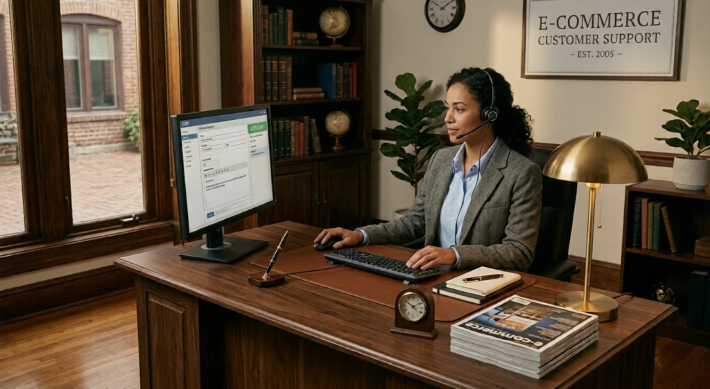 A professional woman wearing a headset sits at a large wooden desk, interacting with customer support software on a monitor within a classic, wood-paneled e-commerce support office.