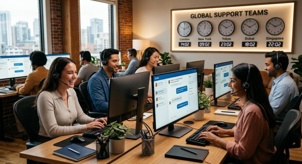 A diverse team of professional agents providing SaaS customer support in a modern office with glowing chat interfaces and global timezone clocks in the background.
