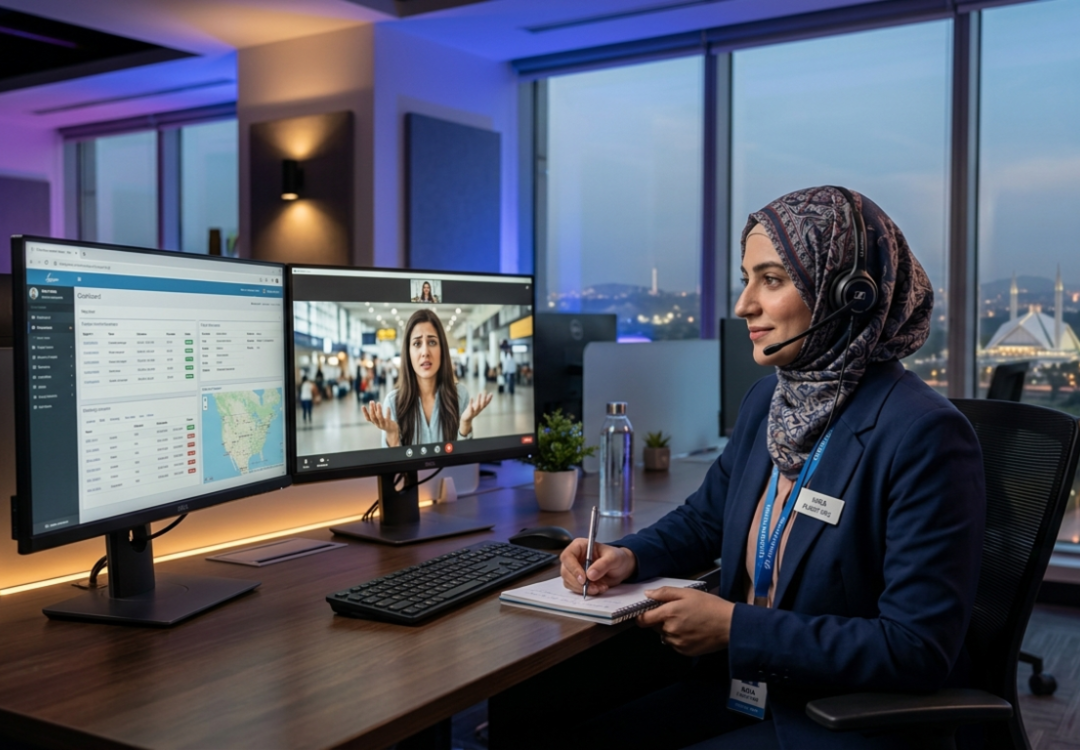 A female representative providing flight delay customer support via video call in a professional office setting.