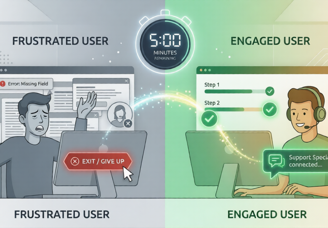 A split-screen digital illustration showing a frustrated user exiting a confusing SaaS interface versus an engaged user successfully completing onboarding steps with real-time support.