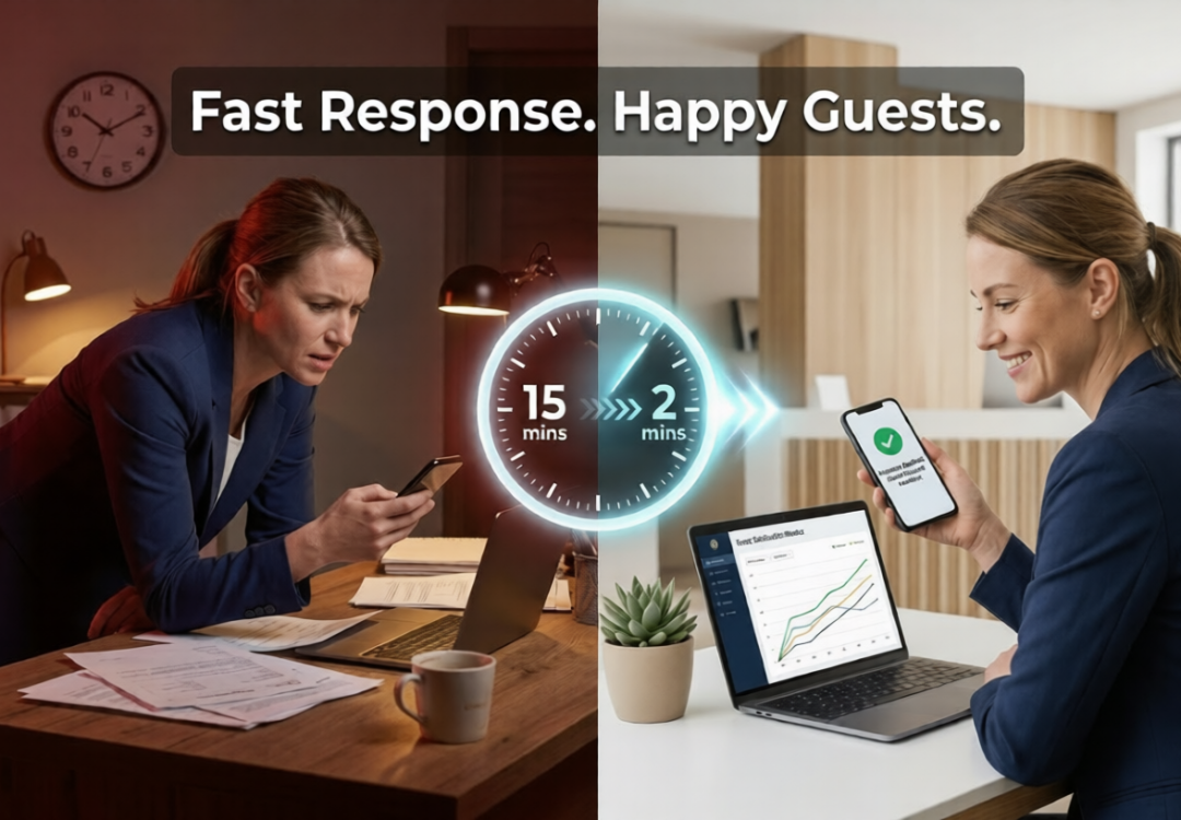 A split-screen comparison illustrating how faster **hotel response time** impacts efficiency. On the left, a stressed hotel manager in a dark office. On the right, the same manager smiling in a bright office with a laptop, highlighting the transition from 15 minutes to 2 minutes response time.