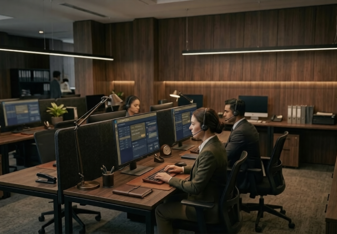 A diverse team of professional customer support specialists in a modern office, wearing headsets and working at multiple computer stations, with a focus on a complex data screen representing SaaS support metrics.