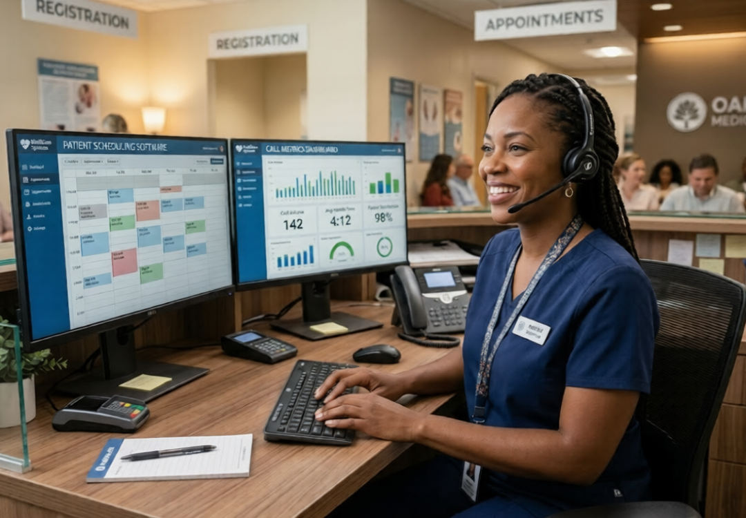A professional female healthcare receptionist wearing a headset and smiling at a modern desk. Dual monitors display patient scheduling software and a call metrics dashboard highlighting healthcare patient response times in a warm, professional clinic environment.