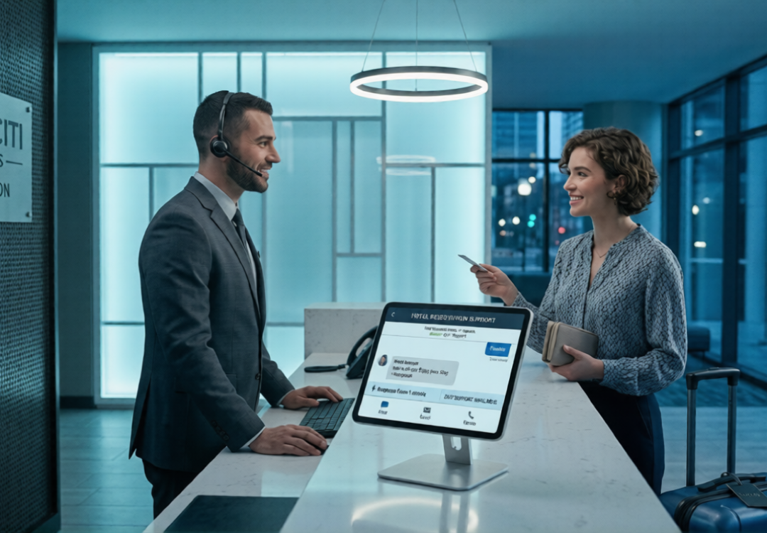 A male hotel receptionist with a headset using a POS terminal and typing while a female guest smiles and holds her credit card at a modern, blue-lit Velociti Hotels reception desk. The screen displays 'Hotel Reservation Support' options, including chat, email, and phone.
