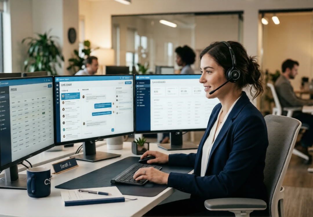 A professional e-commerce customer support agent, wearing a headset, works diligently at a modern desk in a well-lit office, managing customer interactions across multiple monitors.