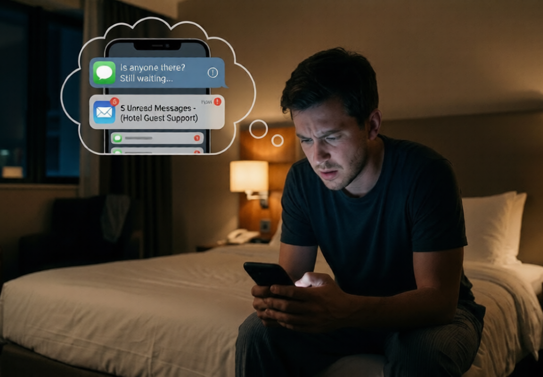 Frustrated hotel guest checking their phone for Slow Hotel Customer Response