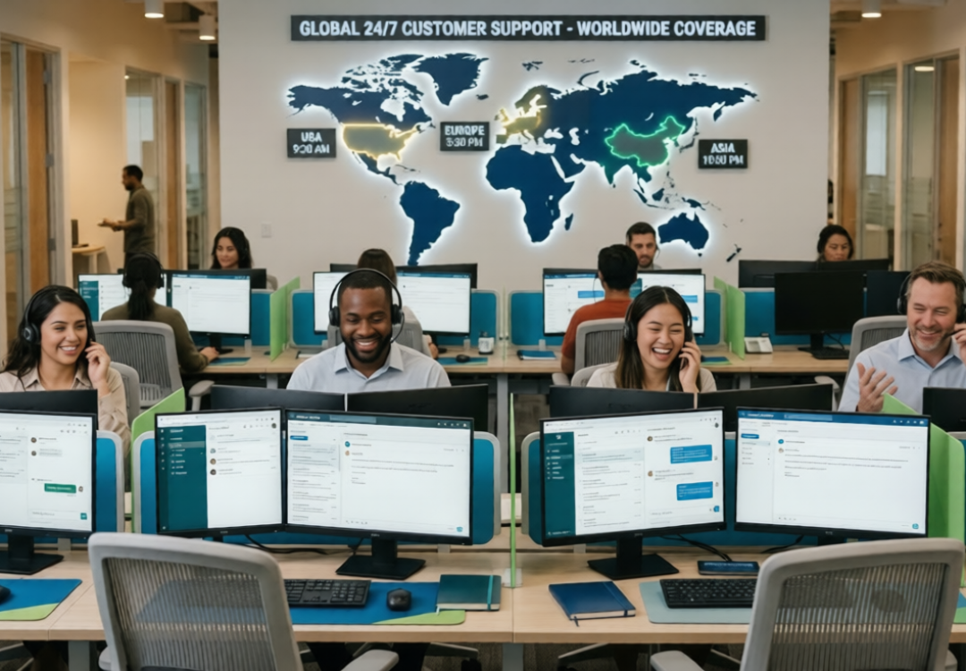 A diverse team of professional customer service agents at a modern desk setup with multiple monitors and a global map, representing the ability to scale ecommerce customer support.