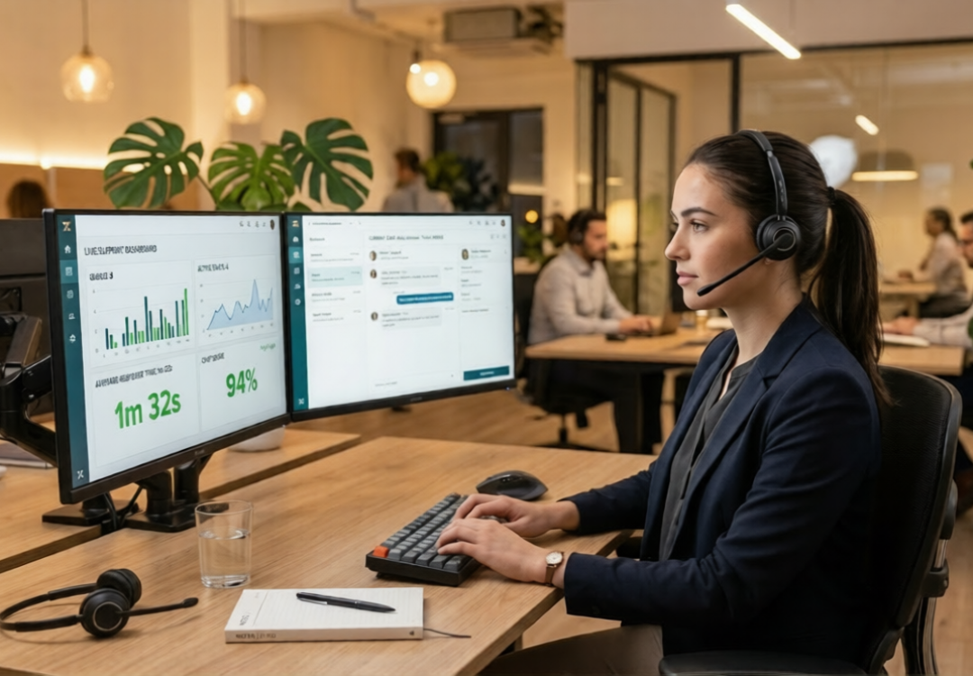 A professional customer support agent at a minimalist desk using dual monitors to track live ecommerce metrics, response times, and CSAT scores to scale customer support.