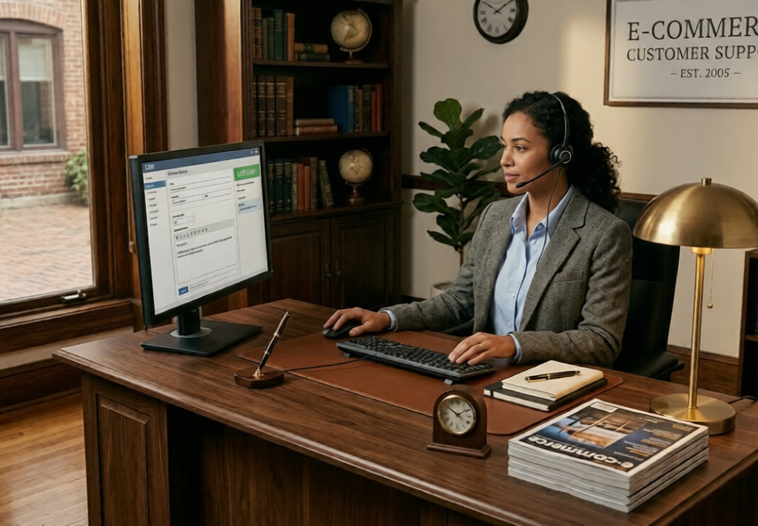 A professional woman wearing a headset sits at a large wooden desk, interacting with customer support software on a monitor within a classic, wood-paneled e-commerce support office.