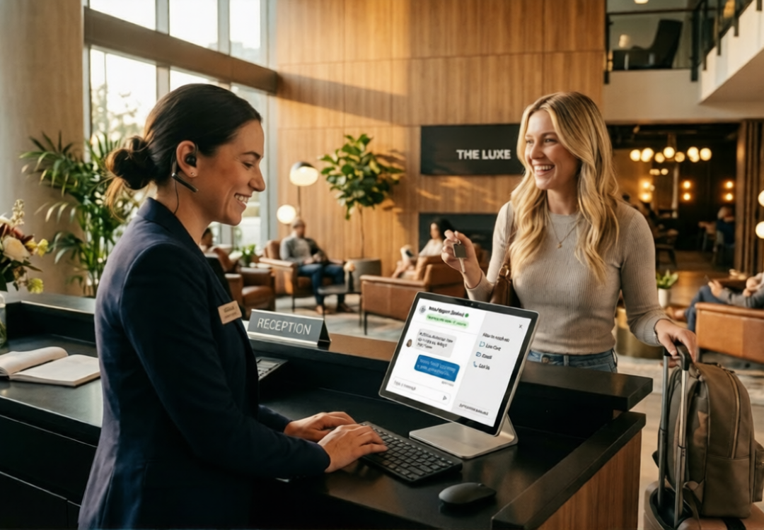 A professional female receptionist smiles at a satisfied guest in a sunlit, modern hotel lobby. A tablet on the counter displays a 24/7 chat interface with a 1-minute response time indicator, illustrating how hotels scale customer support using multi-channel messaging.