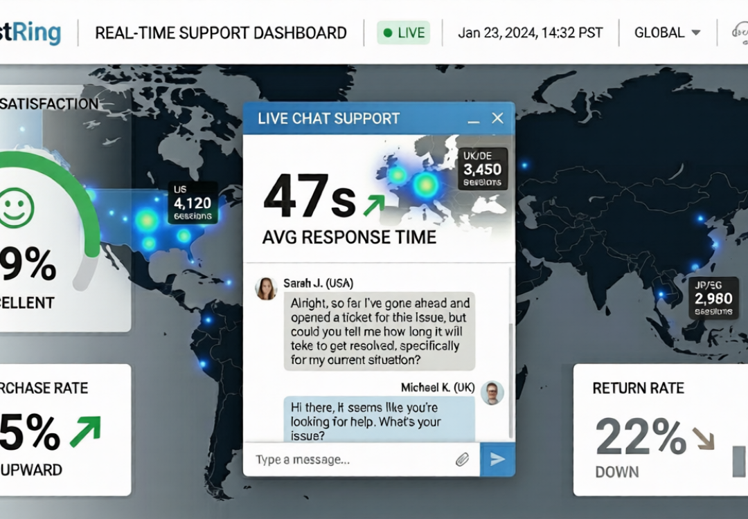 A clean, modern ecommerce customer support dashboard for AssistRing. The interface features a central live chat window showing a 47s response time over a global heat map of the US, Europe, and Asia. Side panels display an 89% customer satisfaction gauge, a 22% return rate, and a rising repeat purchase rate in a blue and green color scheme.