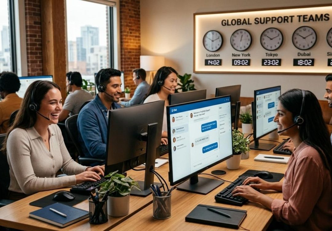 A diverse team of professional agents providing SaaS customer support in a modern office with glowing chat interfaces and global timezone clocks in the background.