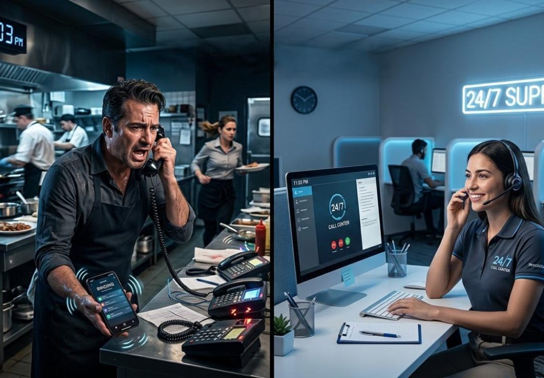 A split-screen showing an angry chef in a chaotic kitchen at 11:03 PM versus a calm 24/7 support agent, illustrating how to solve restaurant customer service slow response in 2026